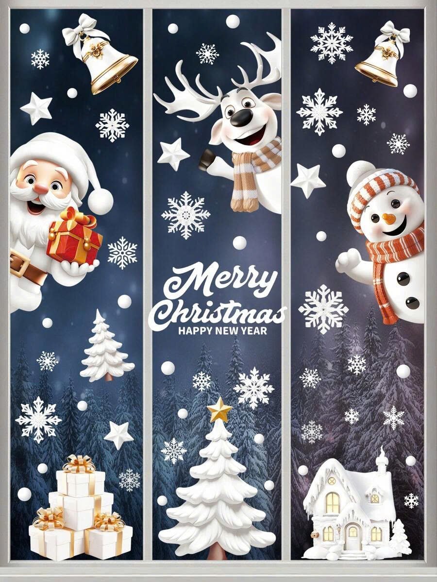 Combo 10 Tấm Decal Tĩnh Điện 2 Mặt Trang Trí Ông Già Noel Và Thành Phố Tuyết Trắng