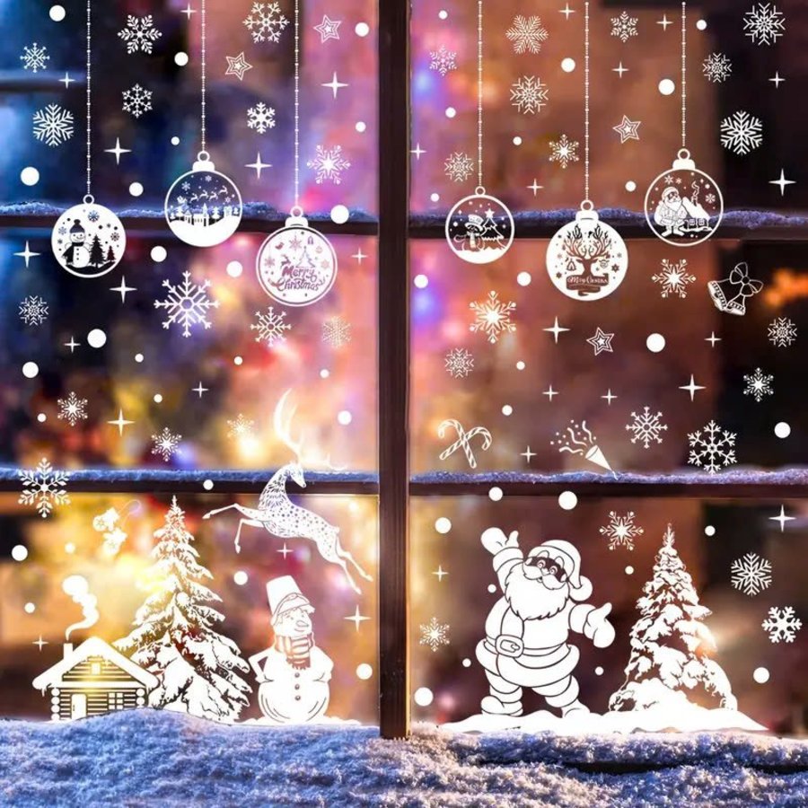 Combo 9 Tấm Decal Màu Trắng 2 Mặt Trang Trí Ông Già Noel Và Người Tuyết Vui Đón Giáng Sinh
