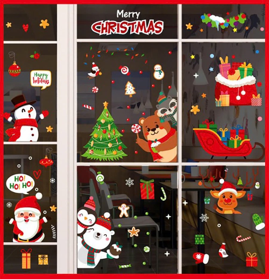 Combo 9 Tấm Decal Tĩnh Điện 2 Mặt Trang Trí Noel Gấu Nâu Và Người Tuyết Vui Đón Giáng Sinh