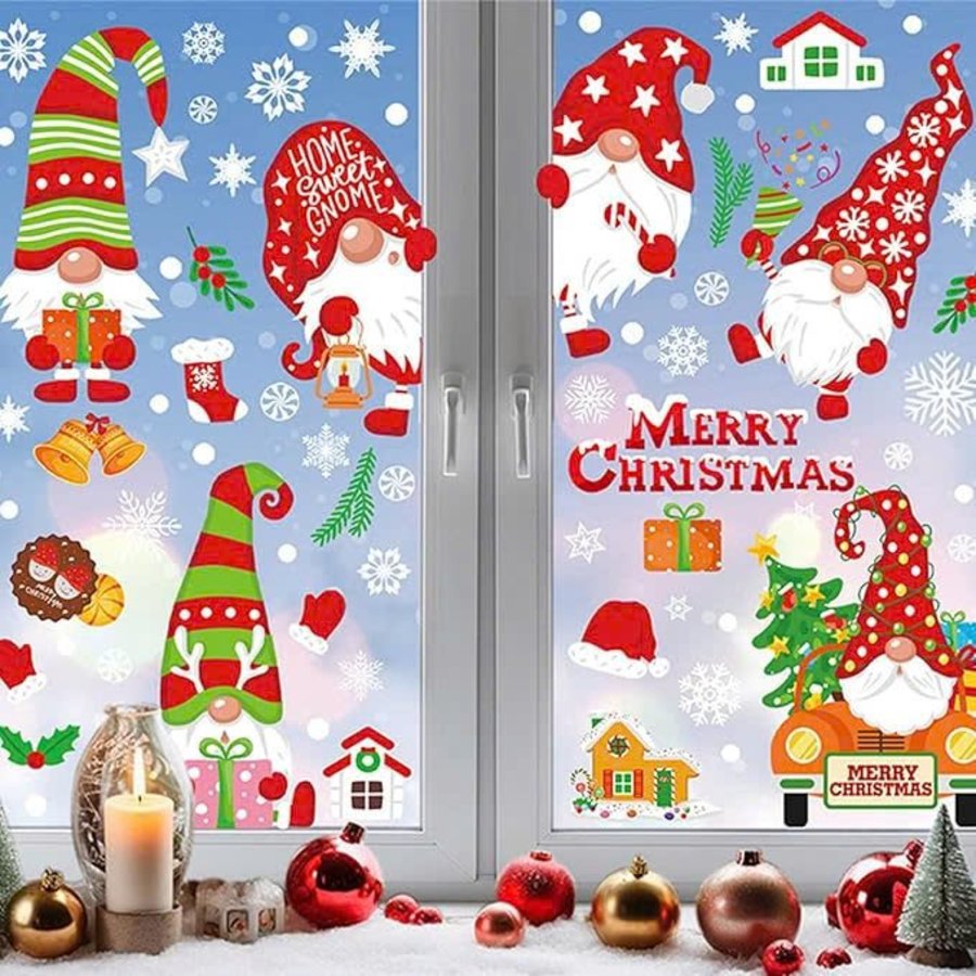 Combo 9 Tấm Decal Tĩnh Điện 2 Mặt Trang Trí Ông Già Noel Với Những Chiếc Nón Ngộ Nghĩnh