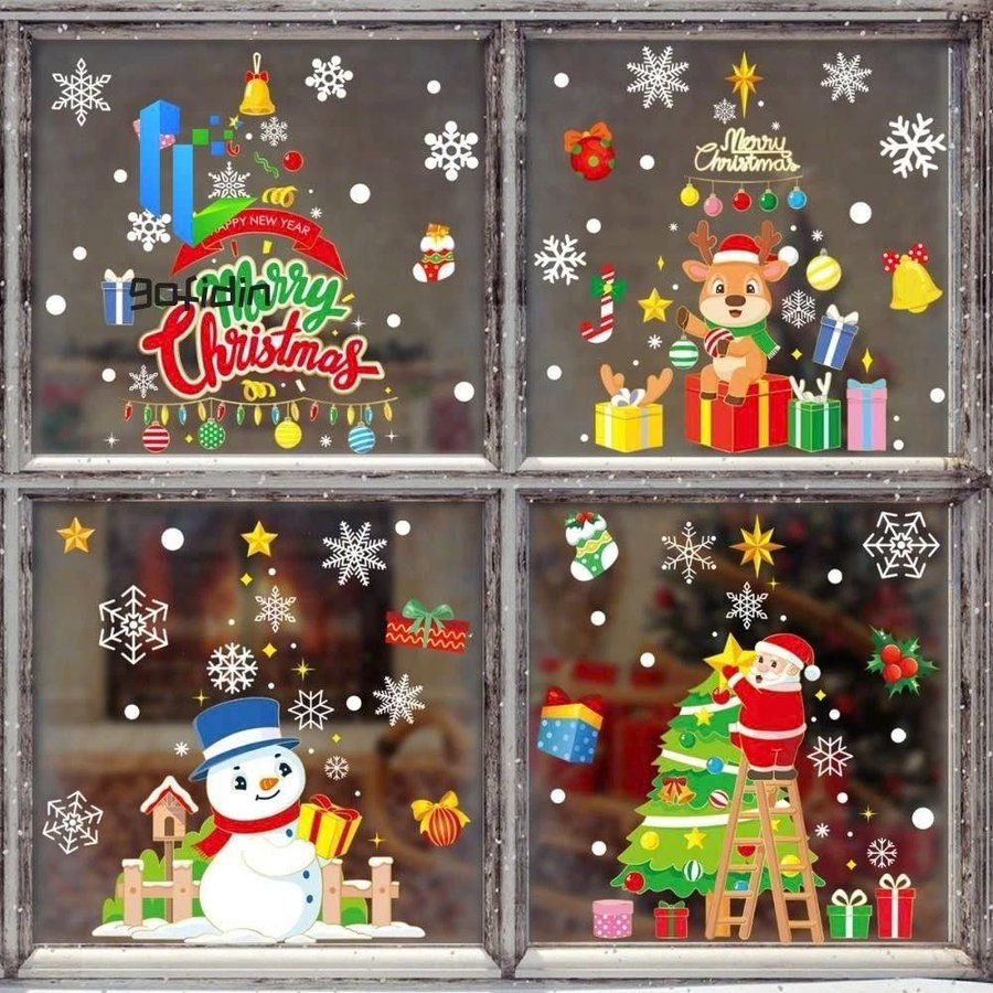 Combo 4 Tấm Decal Tĩnh Điện 2 Mặt Trang Trí Ông Già Noel Và Người Tuyết Trang Trí Cây Thông