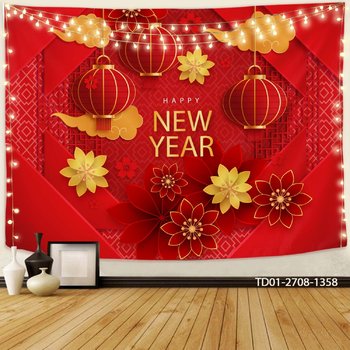 Tranh Vải Treo Tường Trang Trí Tết Happy New Year Lồng Đèn Đỏ Và Mai Đào Rực Rỡ
