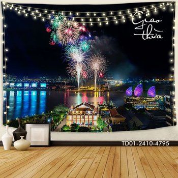 Tranh Vải Treo Tường Trang Trí Tết Pháo Hoa Rực Rỡ Đón Chào Năm Mới