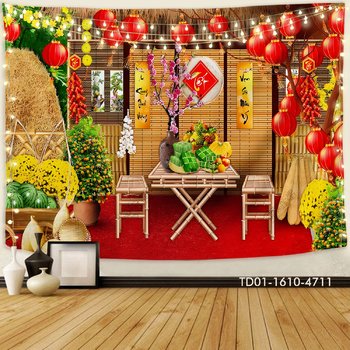 Tranh Vải Treo Tường Trang Trí Tết Tiểu Cảnh Mừng Xuân Chậu Tắc Vàng Bên Mâm Ngũ Quả