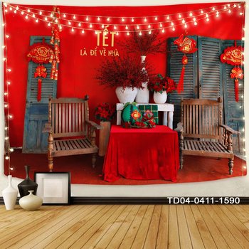 Tranh Vải Treo Tường Trang Trí Tết Tiểu Cảnh Chậu Đào Đông Đỏ Tài Lộc Rực Rỡ