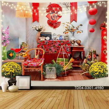 Tranh Vải Treo Tường Trang Trí Tết Tiểu Cảnh Mẹt Tết Đỏ Bên Dưa Hấu Bánh Chưng Xanh