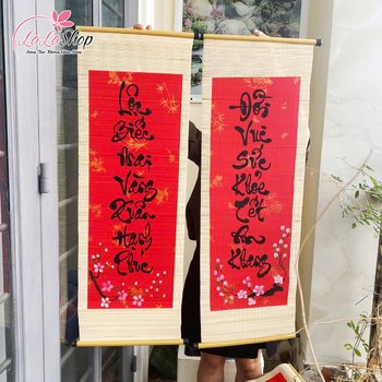 Combo Cặp Liễn Mành Câu Đối Đỏ Lộc Biếc Mai Vàng Xuân Hạnh Phúc - Đời Vui Sức Khỏe Tết An Khang