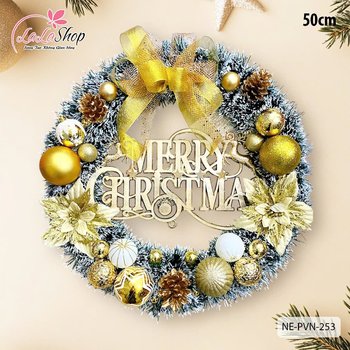 Vòng nguyệt quế noel 50cm trang trí quả châu vàng và nơ vàng