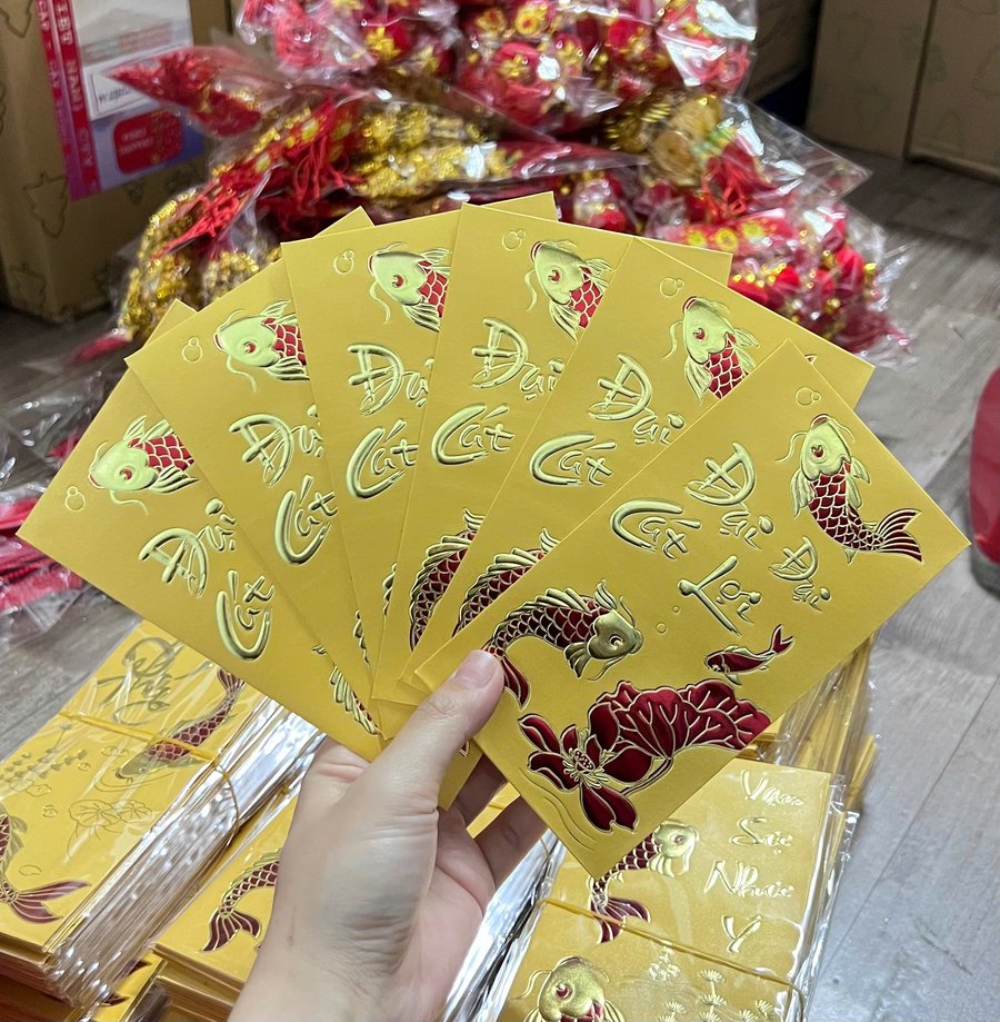 Combo 6 Bao Lì Xì In Nổi 3D Màu Vàng Cá Chép Đỏ Đại Cát Đại Lợi