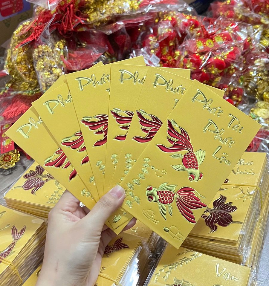Combo 6 Bao Lì Xì In Nổi 3D Màu Vàng Cá Chép Đỏ Phát Tài Phát Lộc