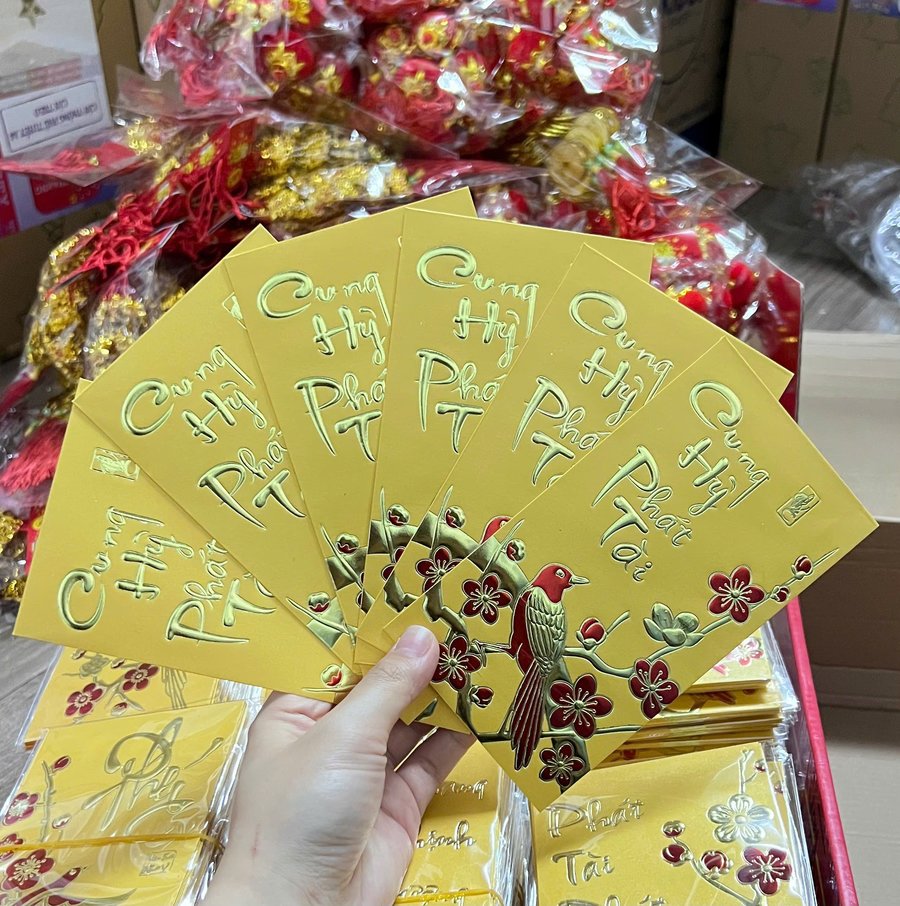 Combo 6 Bao Lì Xì In Nổi 3D Màu Vàng Chim Én Mừng Năm Mới Cung Hỷ Phát Tài
