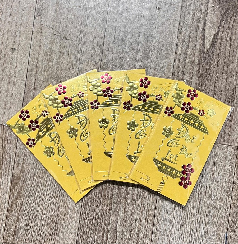 Combo 6 Bao Lì Xì In Nổi 3D Màu Vàng Lồng Đèn Hoa Mai Đại Cát Đại Lợi