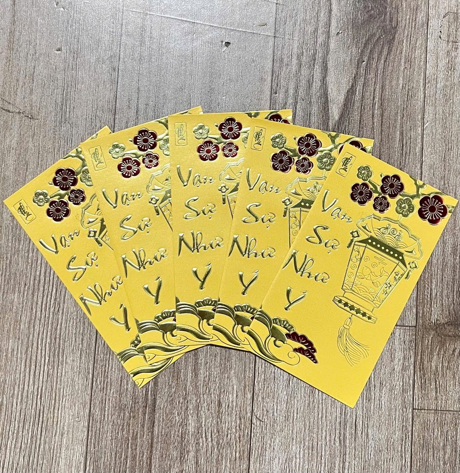 Combo 6 Bao Lì Xì In Nổi 3D Màu Vàng Lồng Đèn Vạn Sự Như Ý