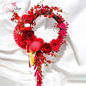 Vòng hoa đào đông và dây pháo đỏ xuân phúc lộc treo cửa 50cm trang trí tết