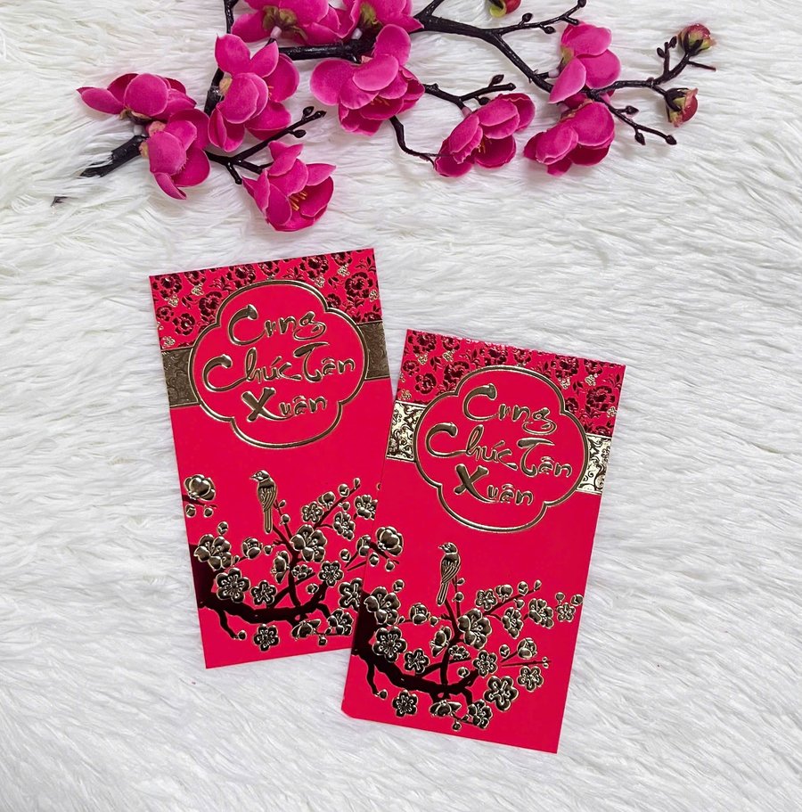 Combo 6 Bao Lì Xì In Nổi 3D Màu Đỏ Hoa Mai Cung Chúc Tân Xuân