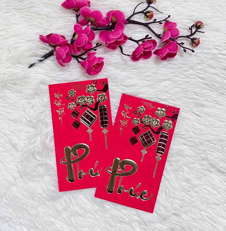 Combo 6 Bao Lì Xì In Nổi 3D Màu Đỏ Hoa Chữ Phúc & Vạn Sự Như Ý