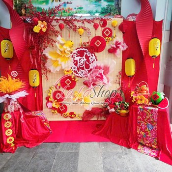 Tiểu cảnh mành tre trang trí tết song ngư tài lộc