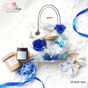 Hộp Mica hoa sáp thơm và nến tone xanh dương quà tặng ngọt ngào ý nghĩa