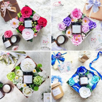 Hộp quà tặng hoa sáp và nến thơm nhiều màu sắc quà tặng ngọt ngào ý nghĩa