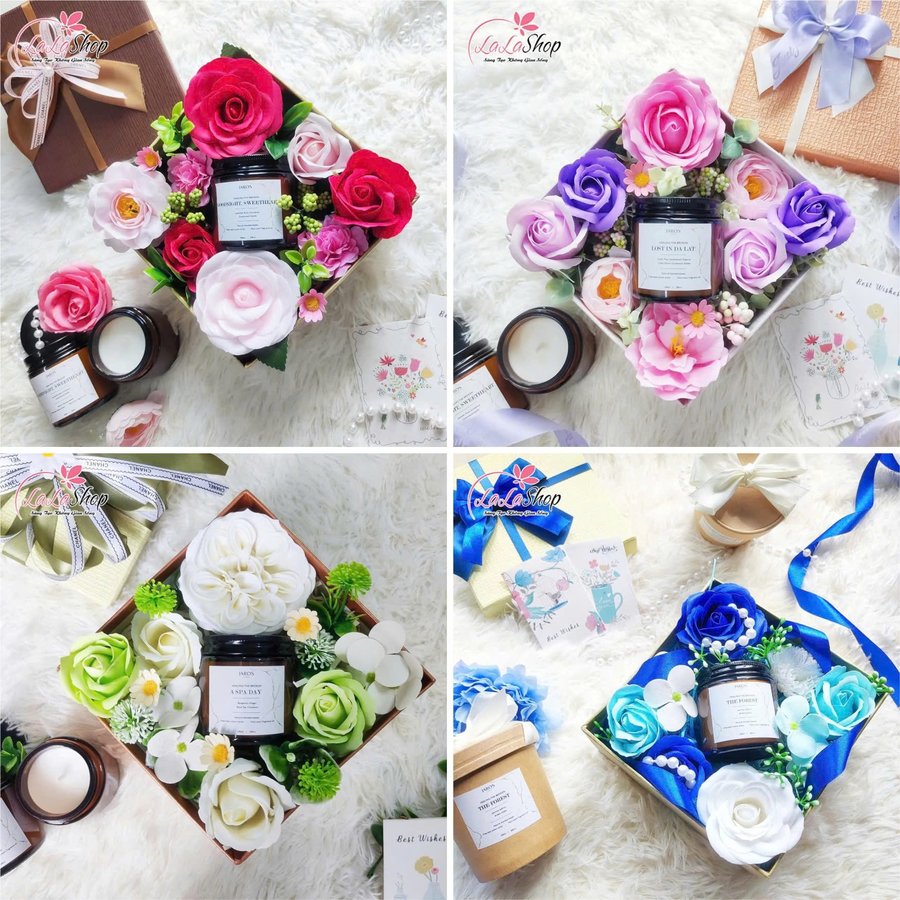 Hộp quà tặng hoa sáp và nến thơm nhiều màu sắc quà tặng ngọt ngào ý nghĩa