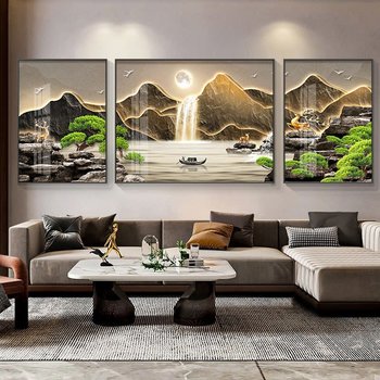 Tranh Treo Tường Phong Cảnh Bộ 3 Tấm Sơn Thủy Hữu Tình Dưới Ánh Trăng Vàng