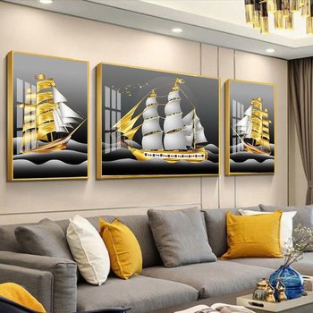Tranh Treo Tường Phong Thủy Bộ 3 Tấm Nghệ Thuật Thuyền Vàng Thuận Buồm