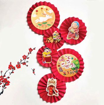 Set 6 Quạt Trang Trí Trung Thu Kèm Họa Tiết Gấp Sẵn Đính Ngọc Trai