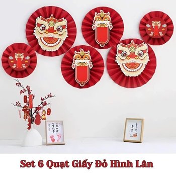 Set 6 Quạt Giấy Đỏ Đầu Lân Gấp Sẵn Đính Ngọc Trai Trang Trí Tết