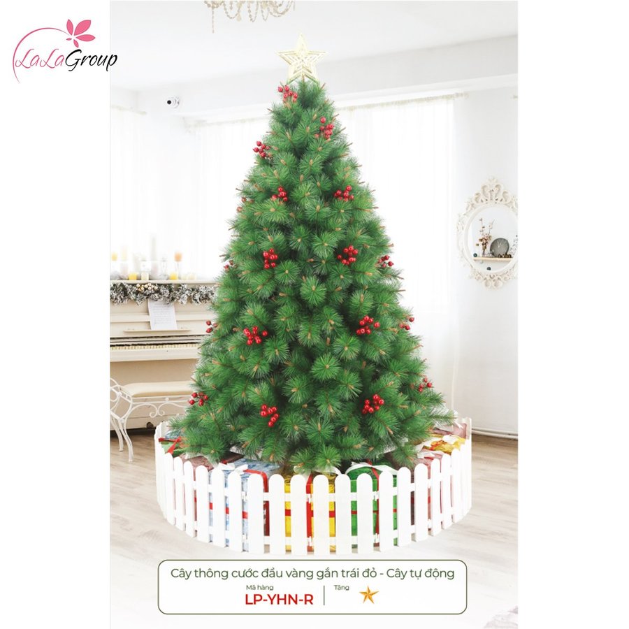 Cây thông noel cước đầu vàng gắn trái đỏ - Cây tự động