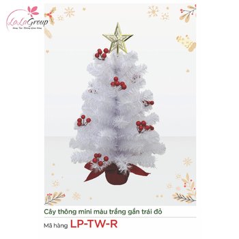 Cây thông mini màu trắng gắn trái đỏ