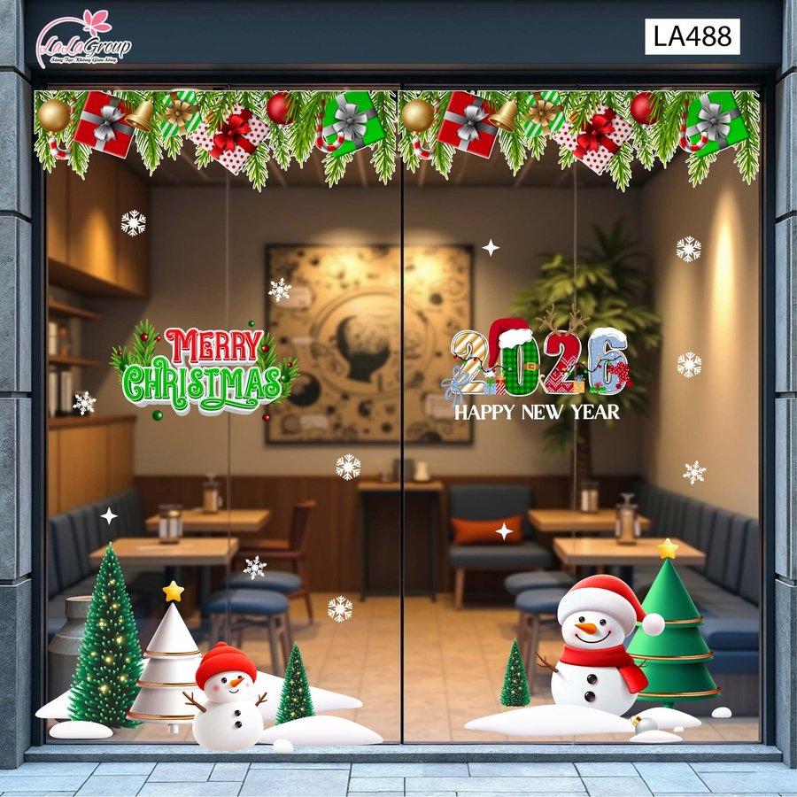 Combo Decal Trang Trí Noel Hai Người Tuyết Và Những Cây Thông Xanh