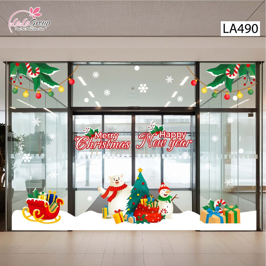 Combo Decal Trang Trí Noel Gấu Trắng Và Người Tuyết Vui Vẻ Bên Cây Thông Xanh