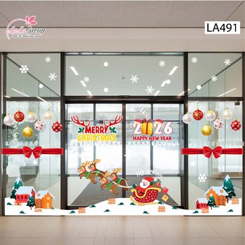 Combo Decal Trang Trí Noel Ông Già Noel Cưỡi Tuần Lộc Phát Quà