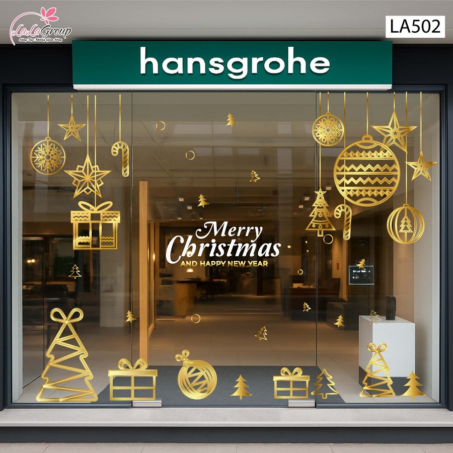 Combo Decal Trang Trí Noel Cây Thông Và Những Quả Châu Vàng Lấp Lánh