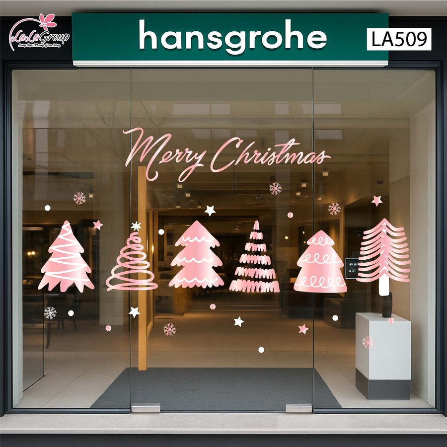 Combo Decal Trang Trí Noel Những Cây Thông Hồng Lung Linh Trong Tuyết