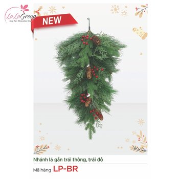 Nhành lá trang trí noel gắn trái thông, trái đỏ