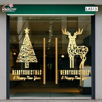 Combo Decal Trang Trí Noel Cây Thông Và Tuần Lộc Vàng Cách Điệu