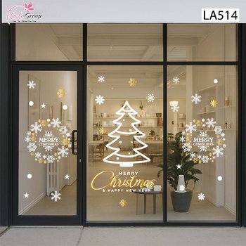 Combo Decal Trang Trí Noel Vòng Nguyệt Quế Và Cây Thông Trắng Xinh Xắn