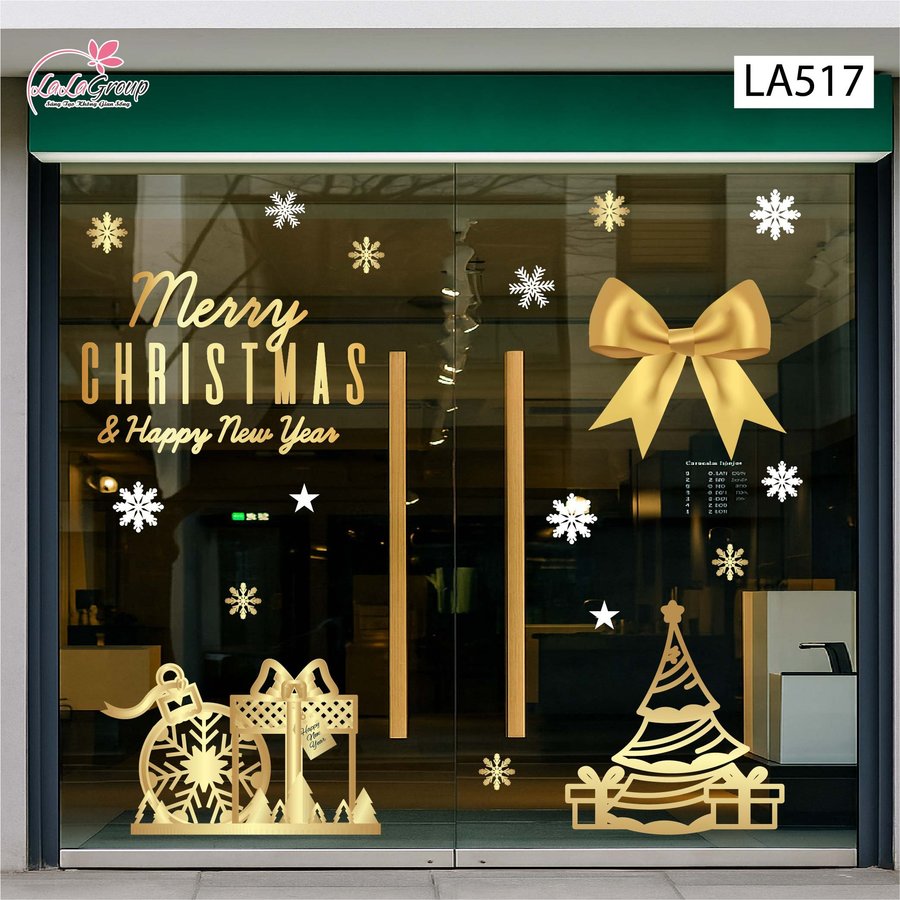 Combo Decal Trang Trí Noel Nơ Và Cây Thông Vàng Lung Linh