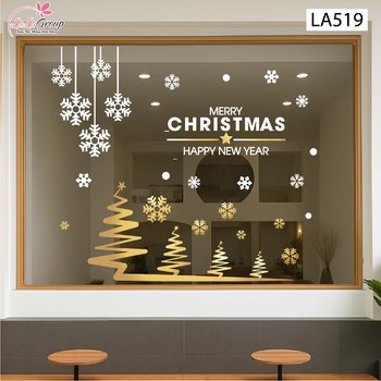 Combo Decal Trang Trí Noel Cây Thông Vàng Và Những Bông Tuyết Trắng
