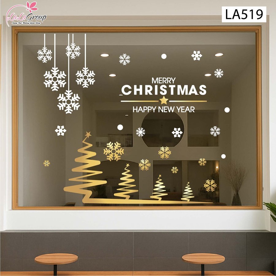 Combo Decal Trang Trí Noel Cây Thông Vàng Và Những Bông Tuyết Trắng