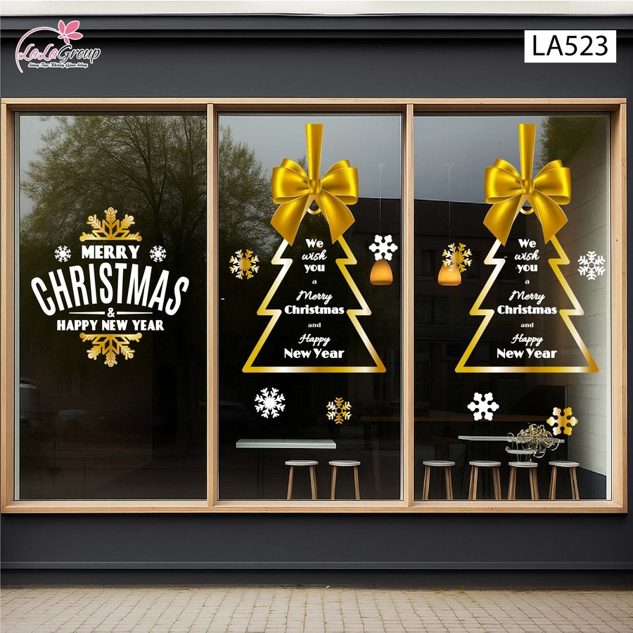 Combo Decal Trang Trí Noel Merry Christmas Và Cây Thông Nơ Vàng
