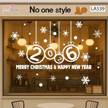 Decal trang trí Noel Merry christmas & Happy new year 2026 chữ trắng