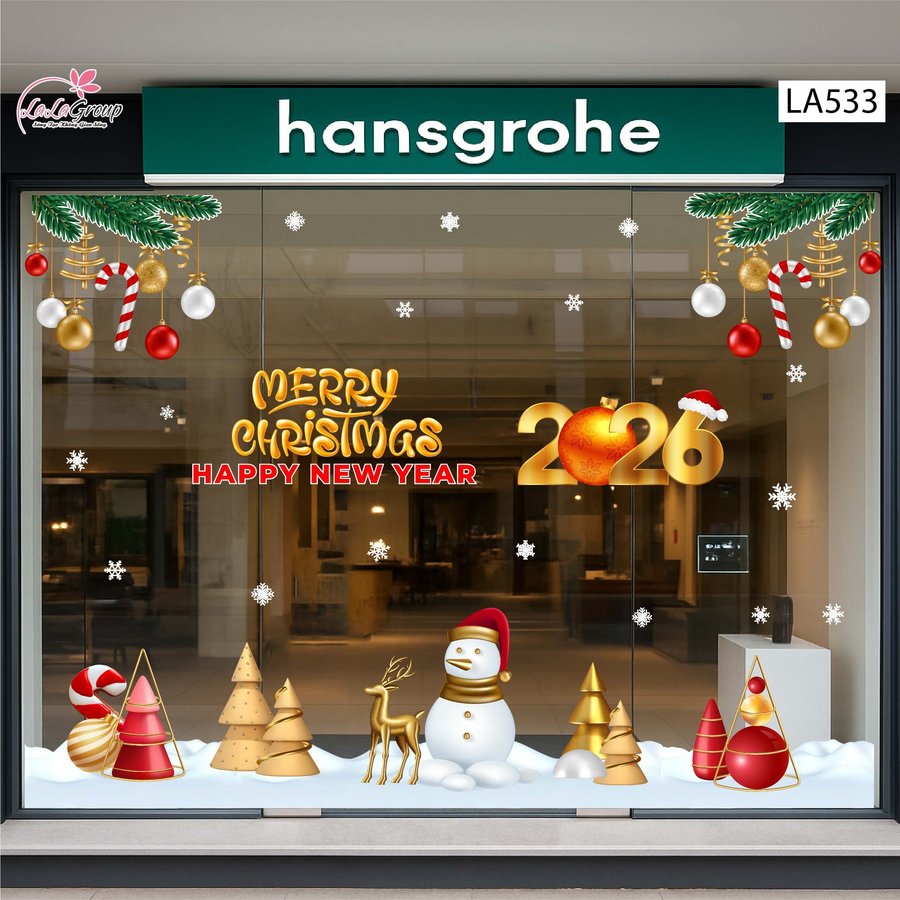 Combo Decal Trang Trí Noel Merry Christmas Người Tuyết Và Tuần Lộc Vàng