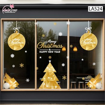 Combo Decal Trang Trí Noel Cây Thông Vàng Và Quả Châu Merry Christmas