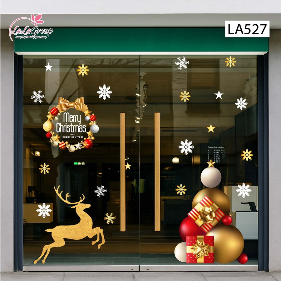 Combo Decal Trang Trí Noel Vòng Nguyệt Quế Sắc Màu Và Tuần Lộc Vàng