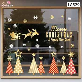 Combo Decal Trang Trí Noel Ông Già Noel Cưỡi Tuần Lộc Và Những Cây Thông Sắc Màu