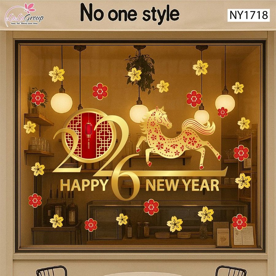 Decal trang trí tết Bính Ngọ và mai vàng tài lộc