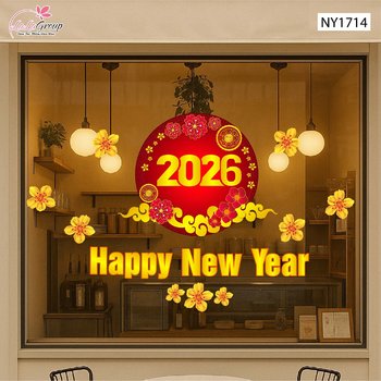 Decal Trang Trí Tết Happy New Year 2026 Và Mai Vàng