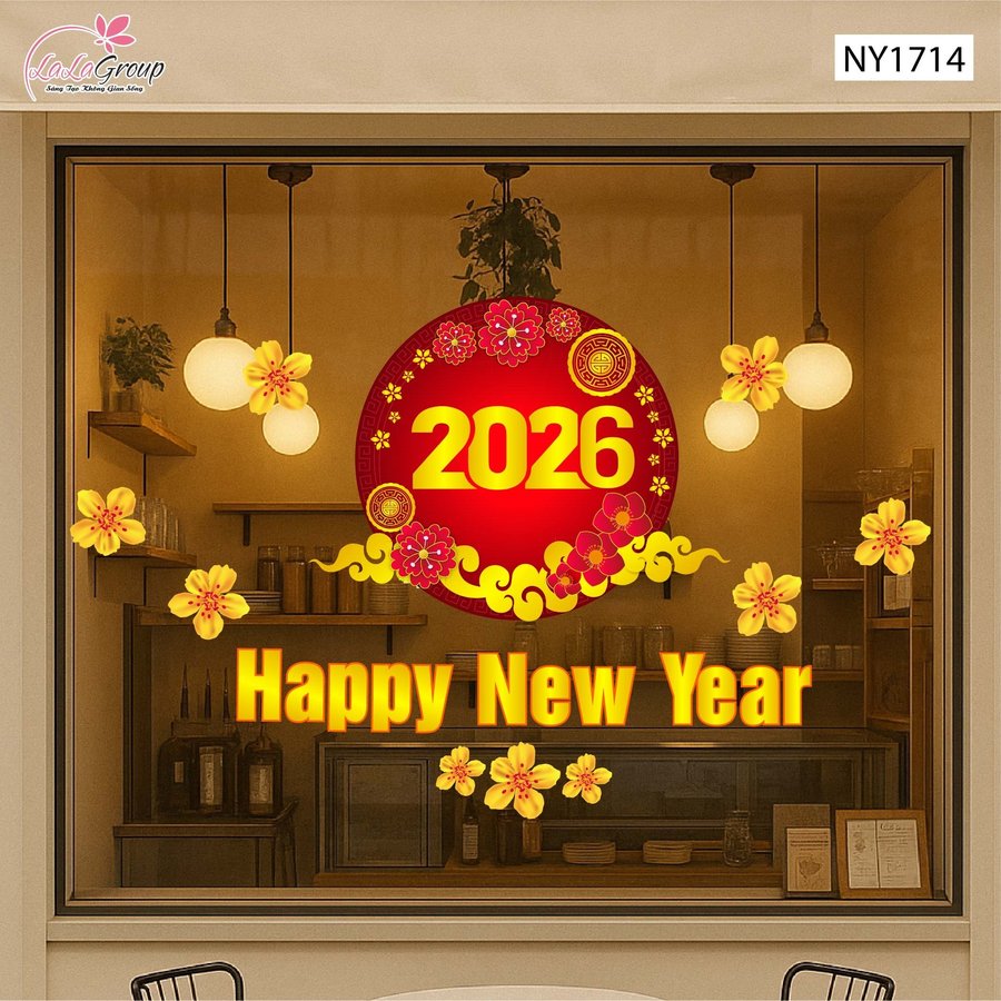 Decal Trang Trí Tết Happy New Year 2026 Và Mai Vàng